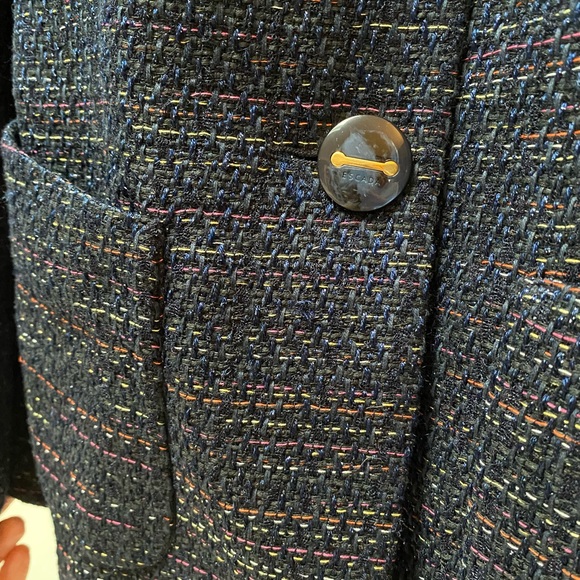 Escada, deep blue with multi colored threads; 2 pockets; button closure. - Picture 5 of 13